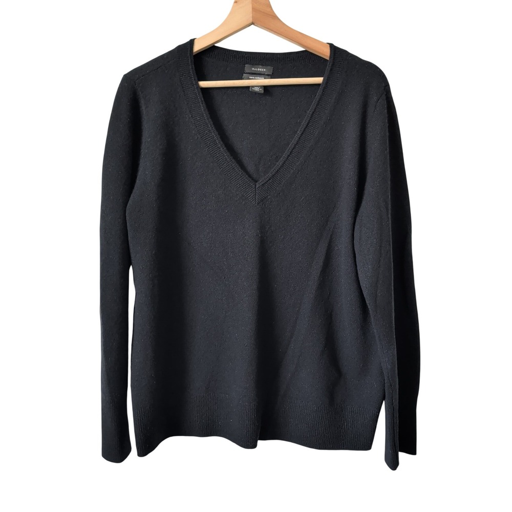 Halogen Womens Black 100% Cashmere V-Neck Long Pullover Sweater L Minimalist